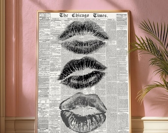 Arte de pared con besos de labios impresos en periódico: decoración elegante para dormitorio (descarga digital)
