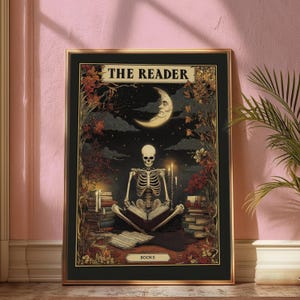The Reader Tarot Print, Skeleton Reader Tarot Card Wall Art, Booktok Merch, Reading Nook Decor, Gift For Book Lover, Digital Download,