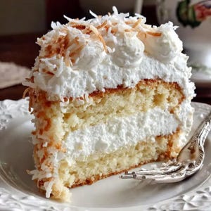 Puede incluir: Una porción de pastel de coco en un plato blanco con un tenedor plateado. El pastel tiene múltiples capas de bizcocho amarillo claro, glaseado blanco y coco rallado. Cubierto con crema batida y copos de coco tostados.