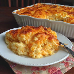 May include: A serving of macaroni and cheese on a white plate with a fork, and a casserole dish in the background. The macaroni and cheese has a golden-brown, bubbly cheese topping.