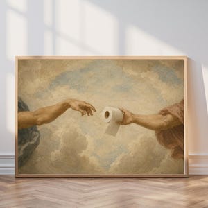 The image is a painting depicting two hands reaching towards each other, with one hand holding a roll of toilet paper.
