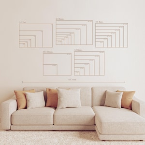 a beige sectional sofa with a rug in front of it, and above the sofa are five different size diagrams or illustrations, likely representing the dimensions of the sofa and its accessories.
