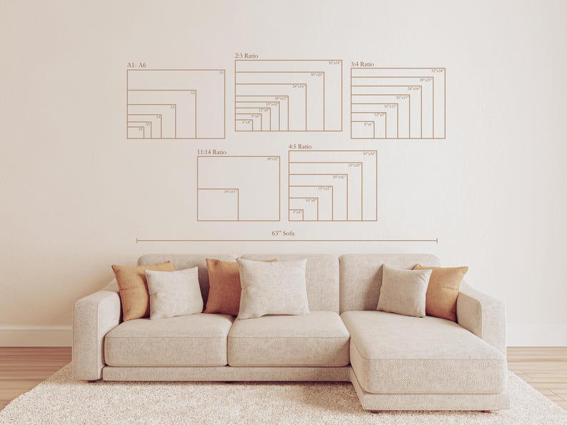 a beige sectional sofa with a rug in front of it, and above the sofa are five different size diagrams or illustrations, likely representing the dimensions of the sofa and its accessories.