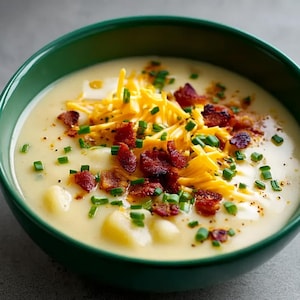 Könnte beinhalten: Cremige Kartoffelsuppe in einer grünen Schüssel, garniert mit geriebenem Cheddar-Käse, knusprigen Speckstückchen und gehacktem Schnittlauch. Die Suppe enthält sichtbare Kartoffelstücke.