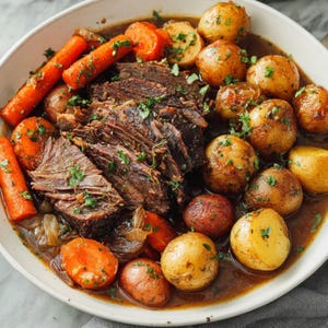 May include: A white bowl filled with a hearty meal of sliced braised beef, orange carrots, and small golden potatoes. The dish is garnished with fresh green herbs and served in a rich brown gravy.
