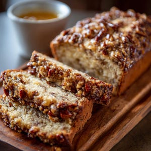 Könnte beinhalten: Ein Laib frisch gebackenes Bananenbrot mit Pekannuss-Topping, in Scheiben geschnitten, um das saftige Innere zu zeigen. Das Brot liegt auf einem Holzbrett, im Hintergrund eine kleine weiße Tasse mit Flüssigkeit. Die Kruste ist goldbraun.