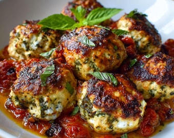 May include: A close-up shot of a white bowl filled with meatballs and a tomato sauce. The meatballs are round, with a browned exterior and a light green interior. Fresh basil leaves garnish the dish, adding a pop of green. The sauce is a vibrant red.