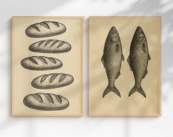 Jesus Feeds the 5000 Prints, 5 loaves and 2 Fish Art, Christianity Artwork (Digital Download)