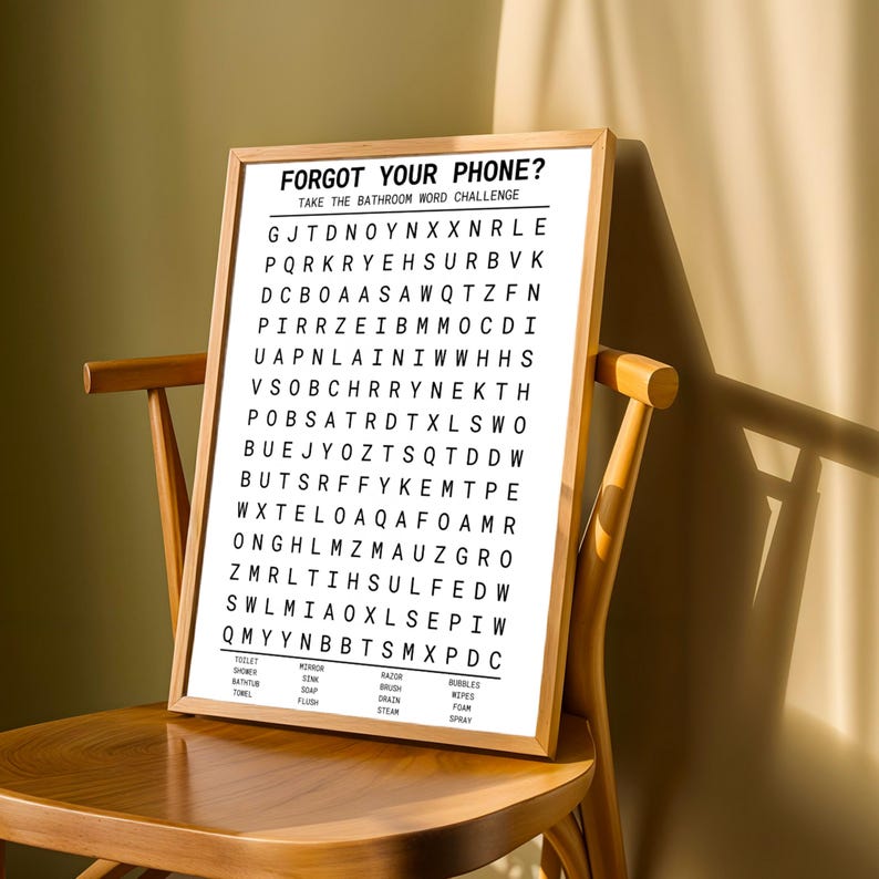 a wooden chair with a large poster or sign on it. The poster contains a list of words and phrases, and it appears to be a challenge or puzzle related to the words and phrases. The poster is placed on a wooden chair, and there is a shadow cast on the wall behind it.