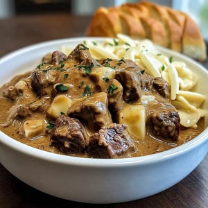 Könnte beinhalten: Eine weiße Schüssel mit Rindfleisch-Eintopf, mit Fleisch- und Kartoffelstücken in einer cremigen, braunen Soße, mit Kräutern garniert. Eiernudeln und ein Brotlaib sind im Hintergrund zu sehen, was auf eine herzhafte Mahlzeit hindeutet.
