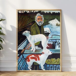 May include: Framed painting of a man with a white beard and two dogs in a boat. One dog is white, the other is white with red spots. The background shows water and trees.