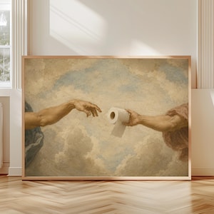 The image is a painting depicting two hands reaching towards each other, with one hand holding a roll of toilet paper.