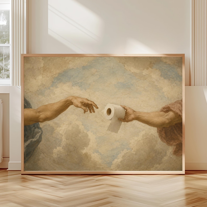 The image is a painting depicting two hands reaching towards each other, with one hand holding a roll of toilet paper.