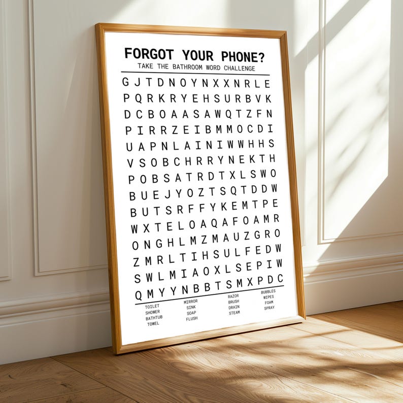 a word challenge poster titled "Forget Your Phone?" which appears to be a game or challenge related to the bathroom. The poster contains a list of words and phrases, and the challenge is to fill in the blanks with the correct words or phrases.