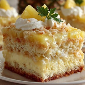 Può includere: Una fetta di torta a strati su un piatto bianco. La torta presenta una base chiara, un ripieno cremoso e una glassa gialla lucida. È guarnita con panna montata, una fetta di ananas, scaglie di cocco tostate e un rametto di prezzemolo.