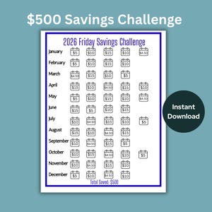 2026 Friday Savings Challenge, 500 Money Savings Challenge, Coloring Calendar, Digital Download, New Years Contest