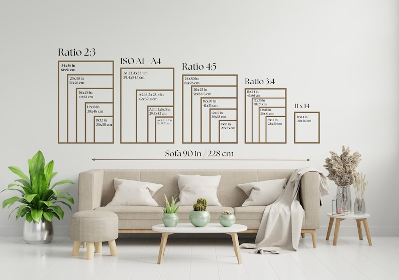 a living room with a sofa, a coffee table, and various decorative elements such as potted plants and vases. The sofa is positioned in front of a wall with a series of frames arranged in a grid-like pattern, each frame representing a different sofa size. The image also includes a scale that provides the size of the sofa in relation to the frames, allowing viewers to understand the dimensions of the sofa in comparison to the frames.