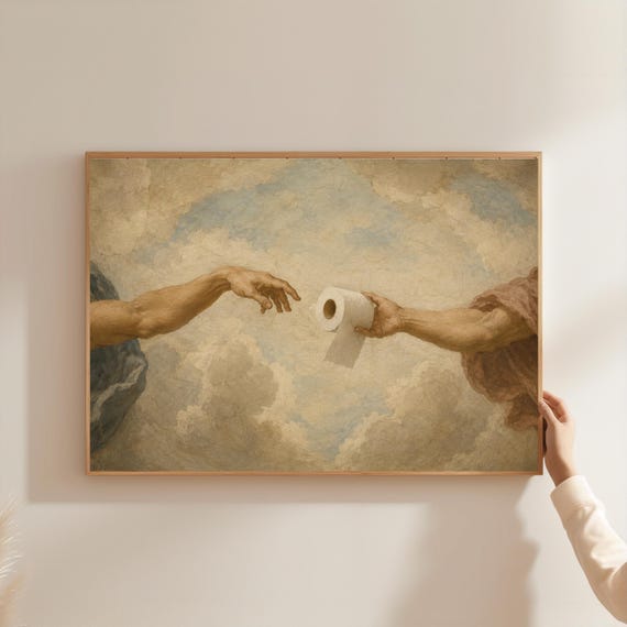 Funny Bathroom Wall Art, Michelangelo Toilet Paper Parody Humor Print (Digital Download)