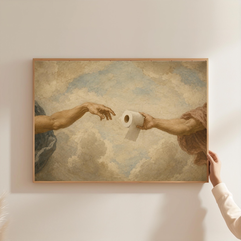 The image is a painting depicting two hands reaching towards each other, with one hand holding a roll of toilet paper.