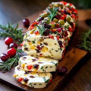 May include: A cheese log, sliced to reveal a colourful filling of olives, red peppers, and herbs. Garnished with fresh rosemary and cranberries on a wooden board. The cheese is speckled with various ingredients.
