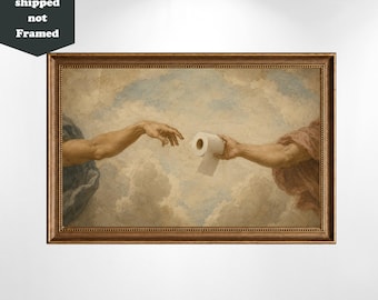 Op de afbeelding: Een ingelijste prent van een parodie op Michelangelo's "De schepping van Adam", met een rol toiletpapier in plaats van Adam. De tekst "Printed and shipped not Framed" staat in de linkerbovenhoek.