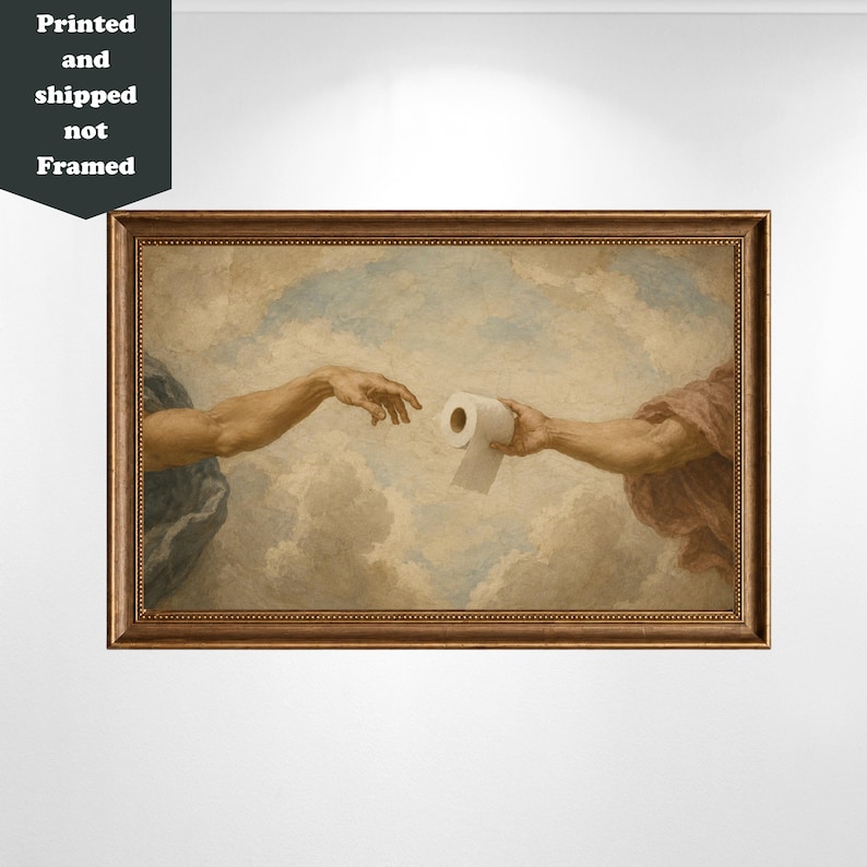 A framed painting depicting two hands reaching towards each other, with one hand holding a roll of toilet paper.