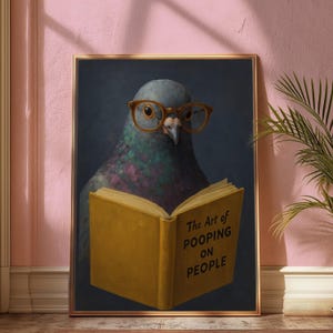 Pigeon drôle lisant caca sur des gens, art humoristique toilette, déco dopamine, art mural salle de bain, téléchargement numérique imprimable,