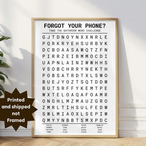 a framed word challenge poster titled "Forgot Your Phone? Take the Bathroom Word Challenge" with a list of words to be spelled.