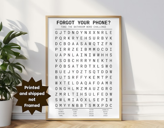 Funny Bathroom Art Word Search Print, Forgot Your Phone, Vertical Posters