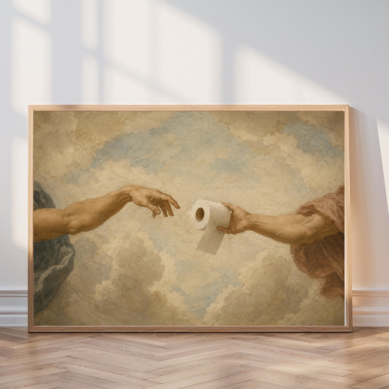 The image is a painting depicting two hands reaching towards each other, with one hand holding a roll of toilet paper.
