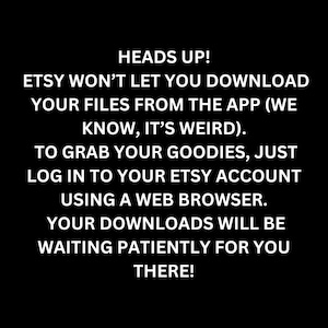 a message in black text on a white background, warning that the app is not allowing users to download their files directly from the app and that they should log in to their Etsy account using a web browser to download their downloads.