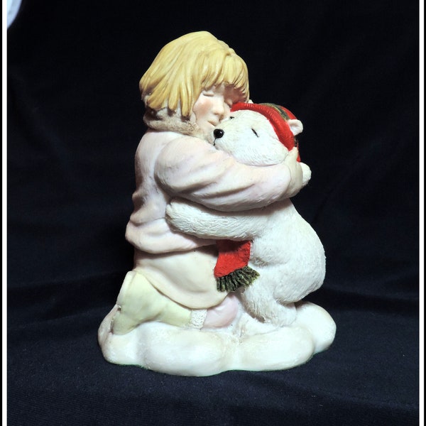 BOY hugging a POLAR BEAR. Nature Heritage by Holland Studie Craft. Vintage, hand pained. Christmas collectible, winter season, holidays.