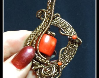 RED CORAL Wire wrapped hand made pendant, antique bronze wire by IrVes Designs. Free shipping from New York