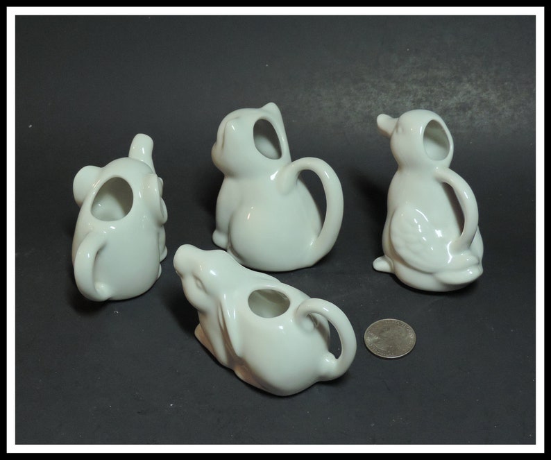 4 White Porcelain Mini Gravy Boats, Jam Jars Cat, Duck, Elephant, and
