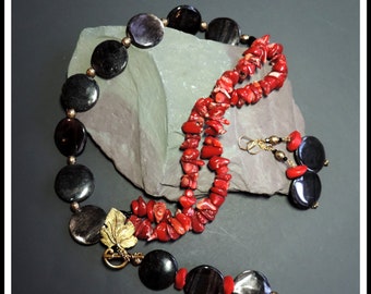 Black agate and red coral artizan multi strand necklace and earrings set by IrVes Designs. Free shipping from New York