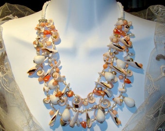 Hand crafted necklace and earrings set / White agate, shells, fresh water pearls, corals. IrVes Designs. Free shipping from New York