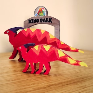 Handmade Wooden Dinosaur Playset: Montessori Parasaurolophus & Park Gate