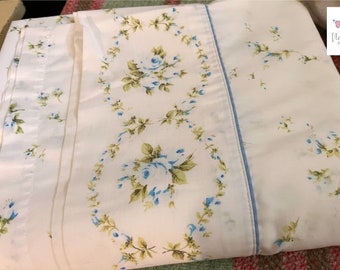 Vintage Full Flat Sheet with beautiful blue floral and border floral