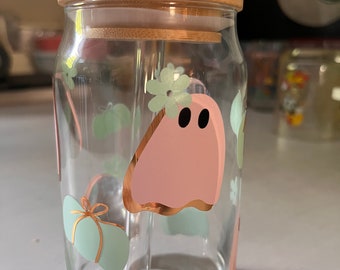 Pink and green ghost pumpkin halloween libby cup, tumbler, drink glass, drinkware