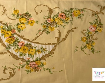 Vintage Full Flat (double flat) Sheet in bright yellow with floral border print, Utica