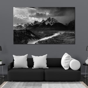 Die TETONS und der SNAKE RIVER von Ansel Adams Im Grand Teton National Park in Wyoming Leinwanddruck Kunst Multipanel Canvas Interior Design