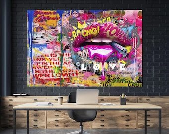 Inspirational Canvas Print Colorful Wall Art Graffiti Canvas Art Street Art on Canvas Banksy Style Pinky Lips Graffiti Motivational Print