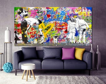 POP ART Life Is Beautiful Graffiti Print BANKSY Street Graffiti Inspiring Canvas Wall Art Multipanel Canvas Art Trendy Canvas Print