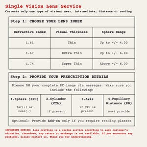 May include: A detailed chart for single vision lens service, with sections for choosing lens index and providing prescription details. Includes refractive index, visual thickness, sphere range, and prescription details like sphere, cylinder, axis, and pupillary distance.