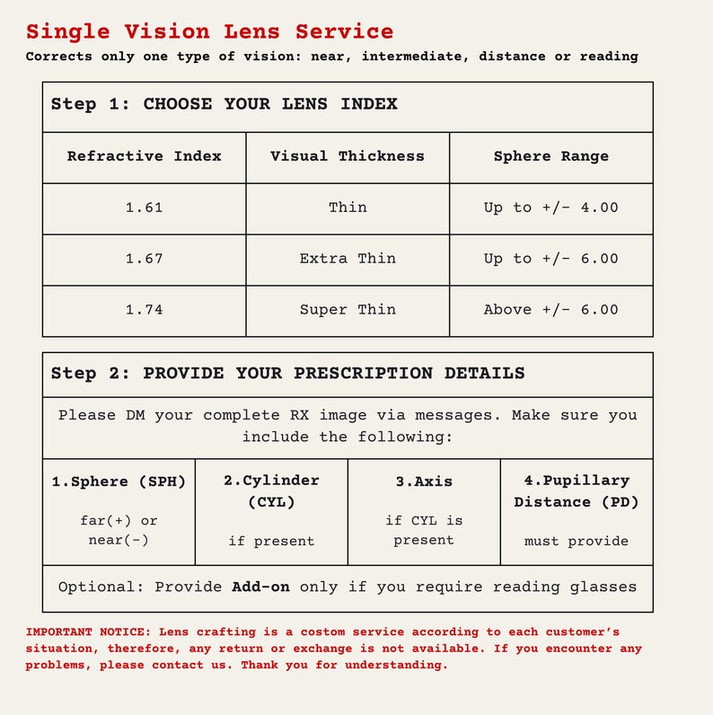 May include: A detailed chart for single vision lens service, with sections for choosing lens index and providing prescription details. Includes refractive index, visual thickness, sphere range, and prescription details like sphere, cylinder, axis, and pupillary distance.