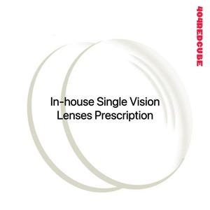 May include: Two clear, circular lenses are displayed against a white background. The text "In-house Single Vision Lenses Prescription" is centered below the lenses. The logo "404REDCUBE" is in red text in the upper right corner.