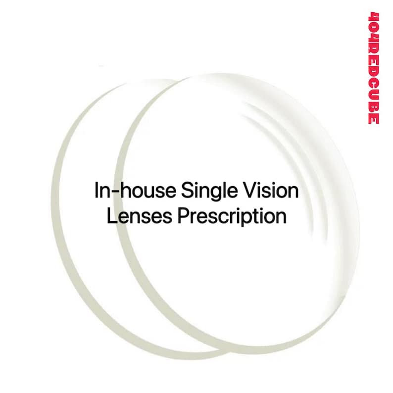 May include: Two clear, circular lenses are displayed against a white background. The text "In-house Single Vision Lenses Prescription" is centered below the lenses. The logo "404REDCUBE" is in red text in the upper right corner.