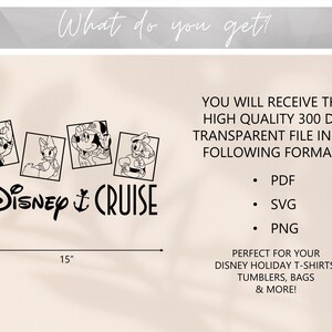 May include: Black and white digital illustration of Mickey Mouse and friends dressed as sailors. The text "Disney & CRUISE" is below the images. The image is 15 inches wide.