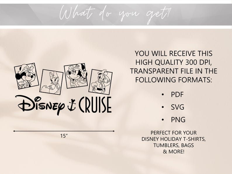 May include: Black and white digital illustration of Mickey Mouse and friends dressed as sailors. The text "Disney & CRUISE" is below the images. The image is 15 inches wide.