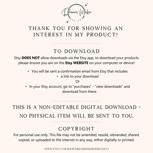 May include: Cream-colored digital download information sheet with black text. The text includes a thank you message, download instructions, and copyright information. The Dream Maker Designs logo is at the top.